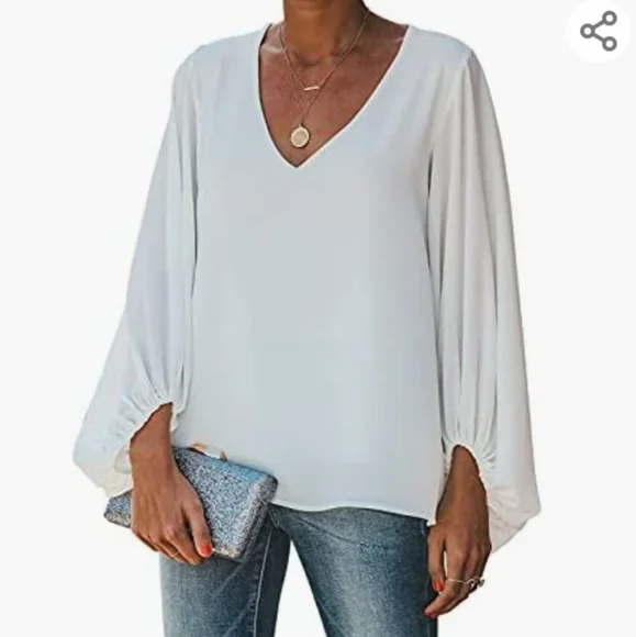 Women's Casual Sweet & Cute Loose Shirt Balloon Sleeve V-Neck Blouse Top - Picture 2 of 6